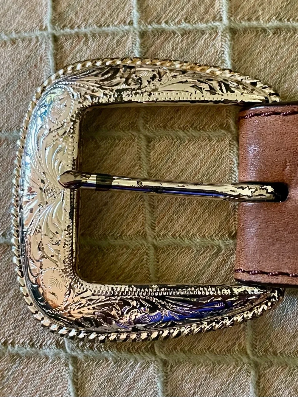 Tony Lama Brown Leather Whipstitch Belt Silver Etched Buckle Medallions 38